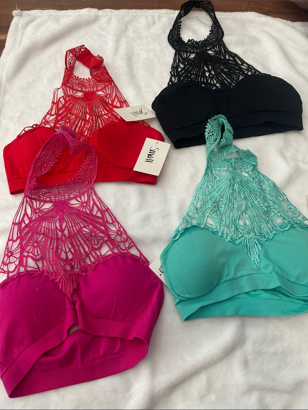 Crazy Train Crochet Halter Bralette Set - Red, Hot Pink, Black, Teal